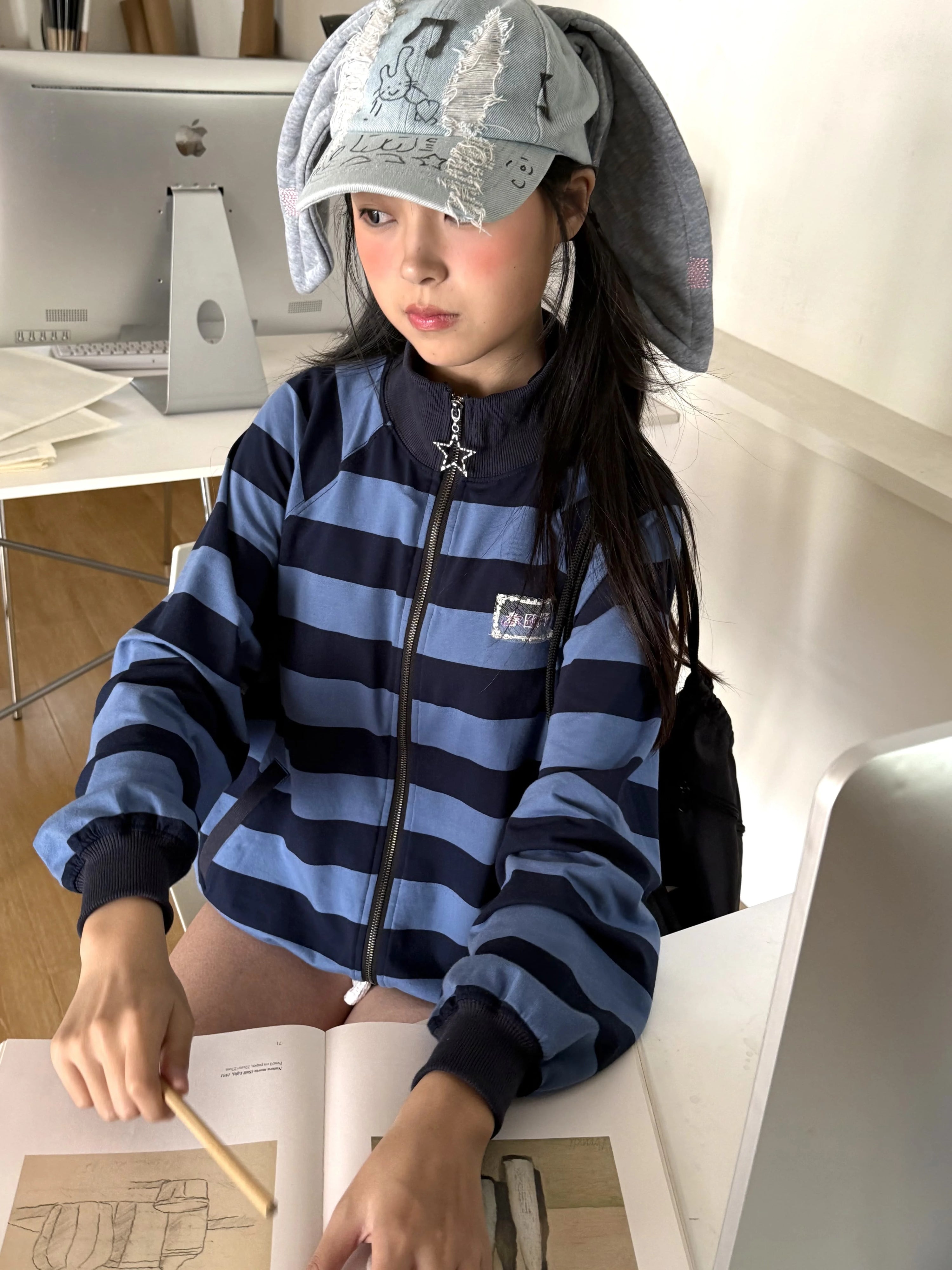 Striped Oversize Stand Collar Zipper Jacket