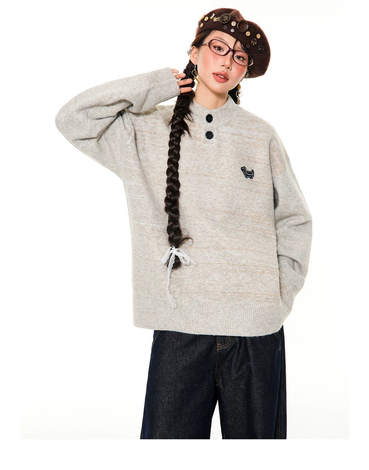 Button-Detail Stand Neck Knit Sweater