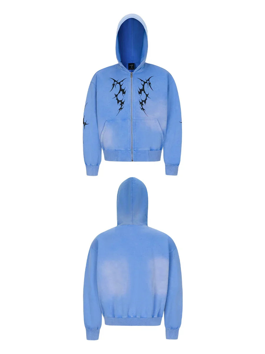 Oversize Washed Print Zipper Hoodie & Wide-leg Half Sweatpants Setup