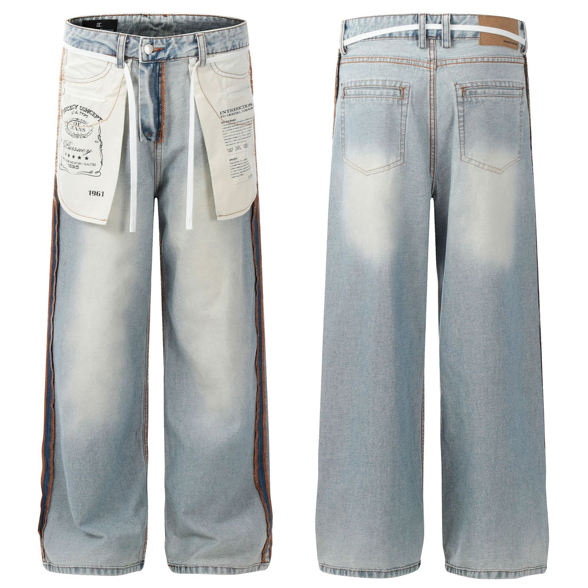 Washed Pocket Side Line Wide Leg Denim Jeans