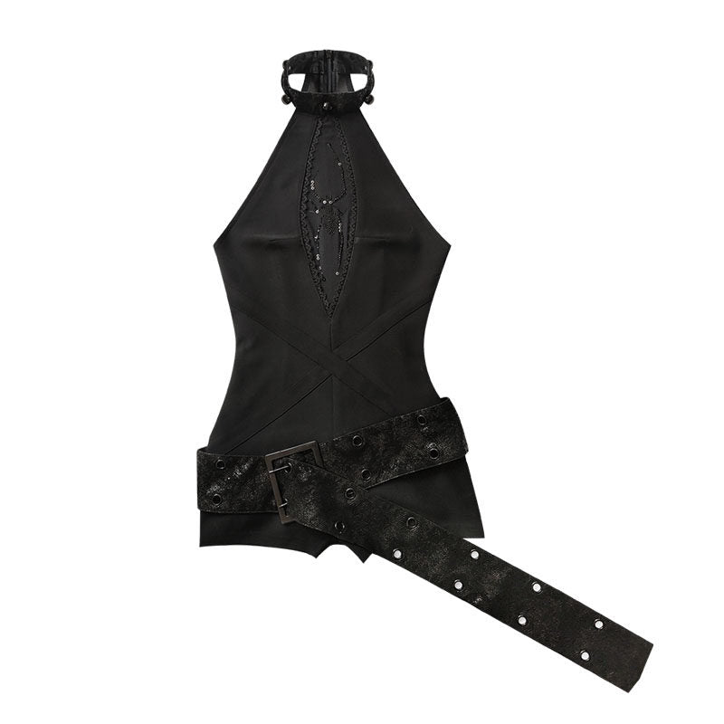 Design Rhinestone Pearl Detail Halter Neck Short Derss & Belt & Inner Camisole ＆ Set