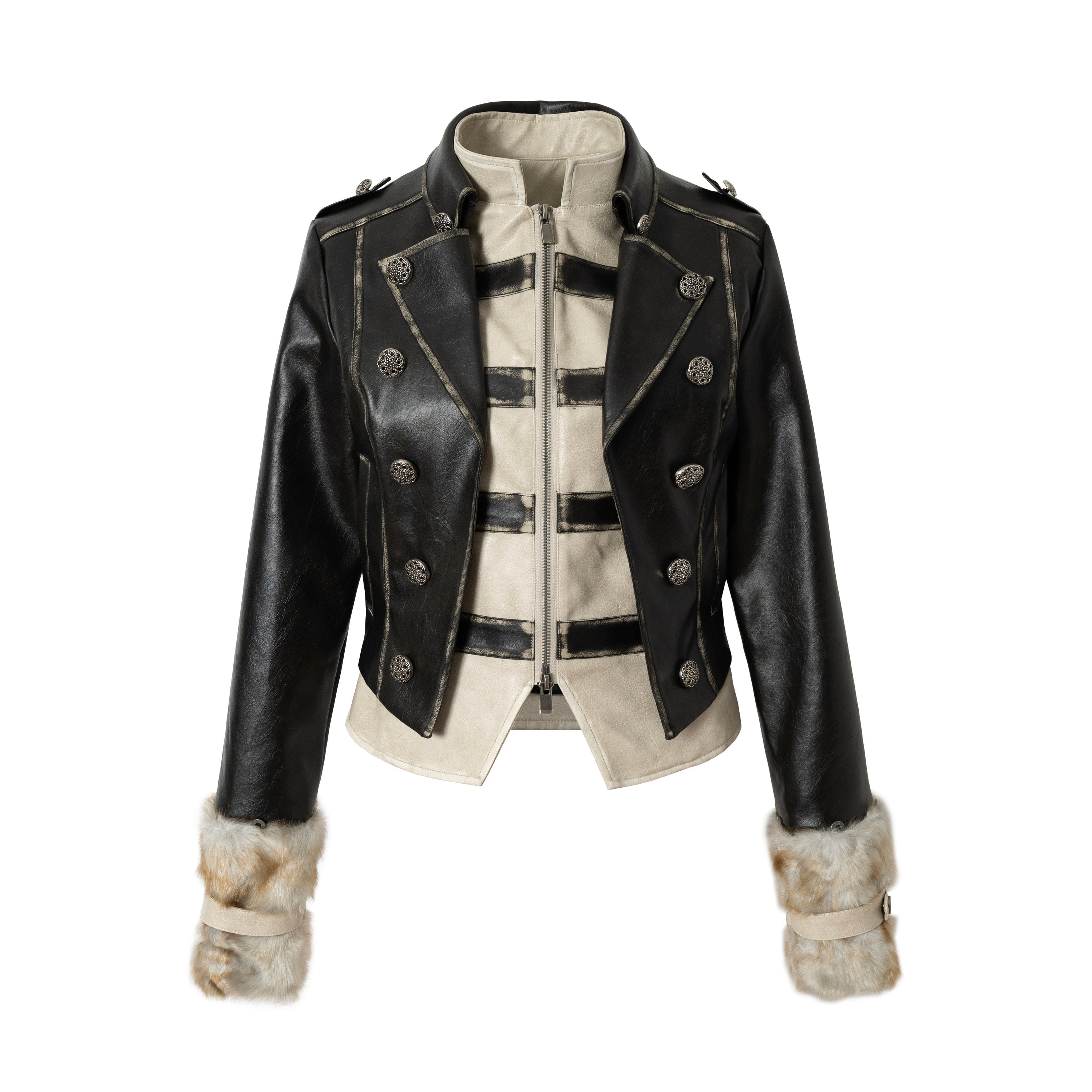 Standing-Collar Belt Detail Fake Fur Cuff PU Leather Jacket