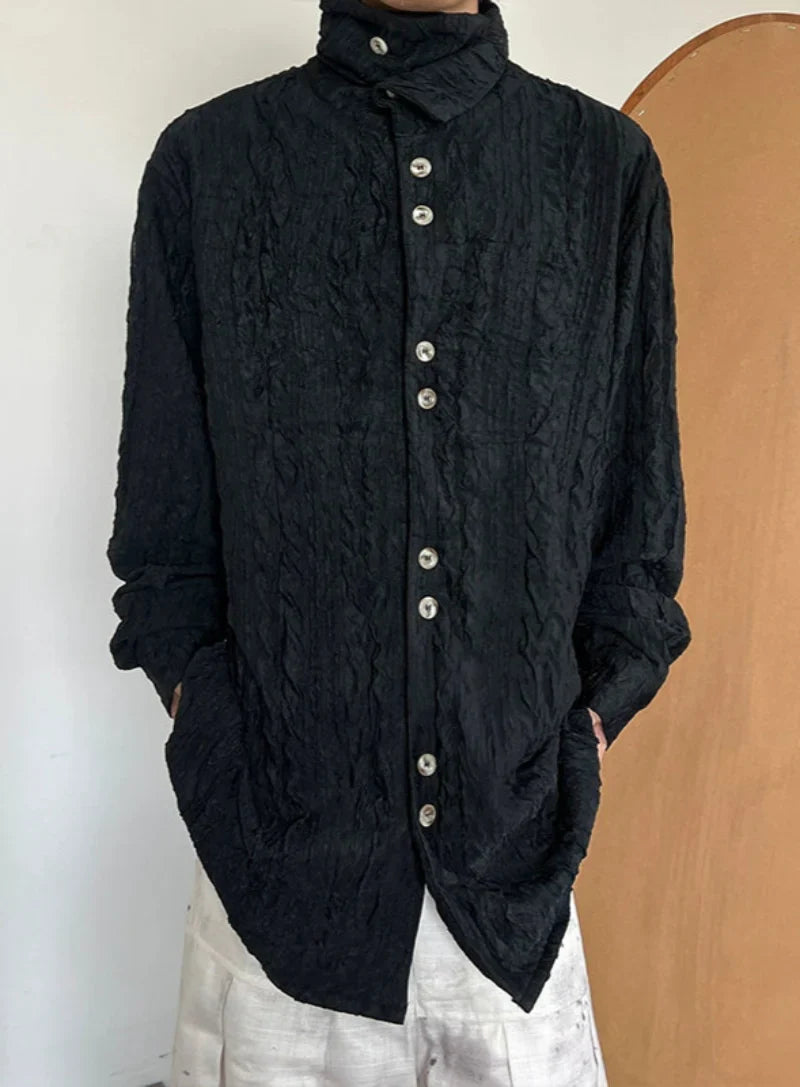 Texture Pleats High-Neck Long Sleeve Shirt