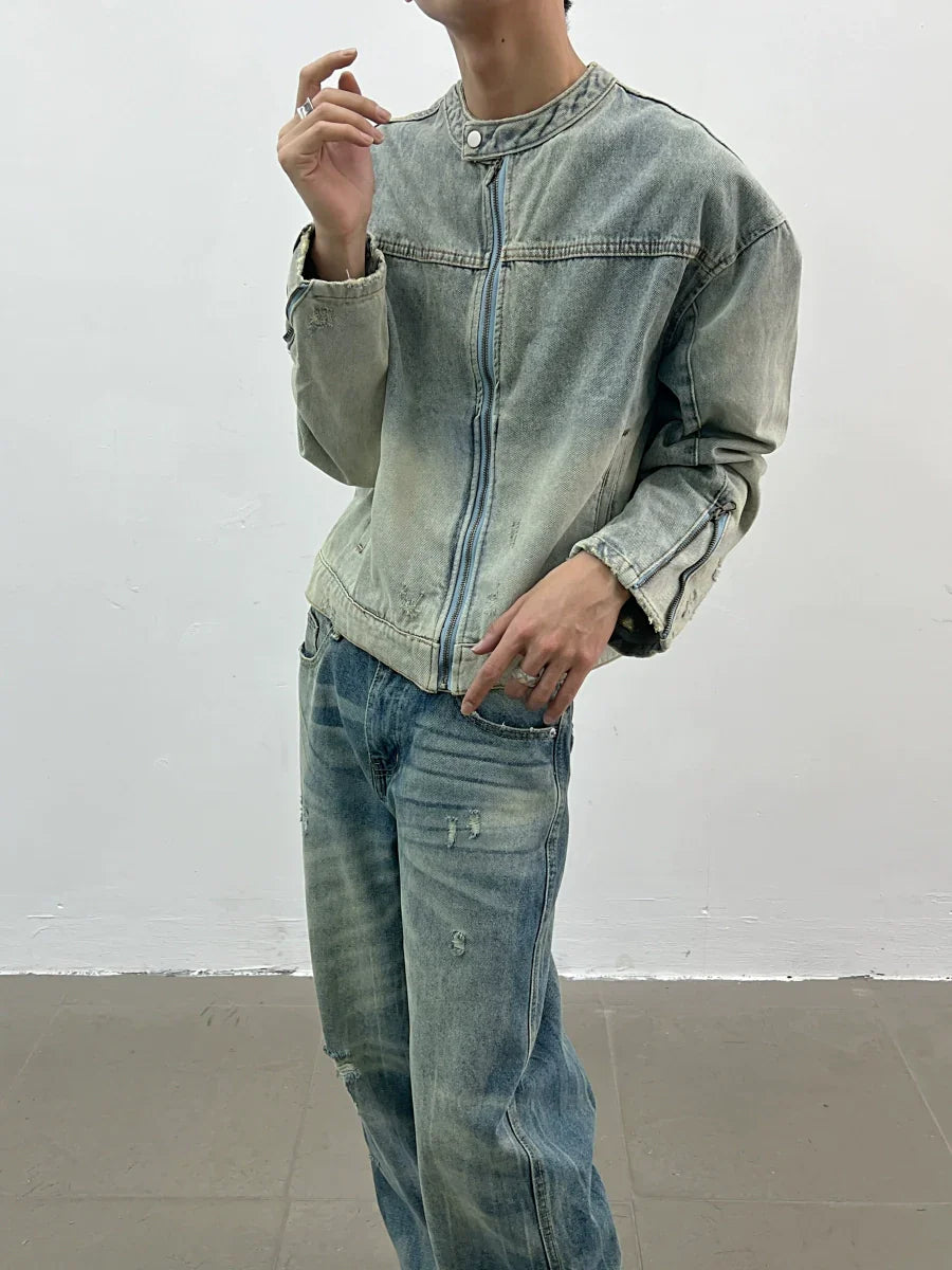 Wash Standing-neck Denim Jacket