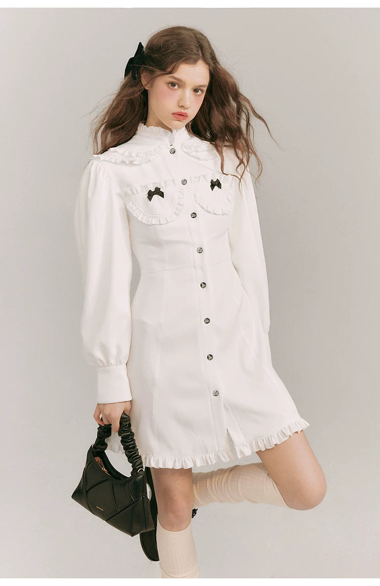 Double Neck Long Sleeve Shirt Dress