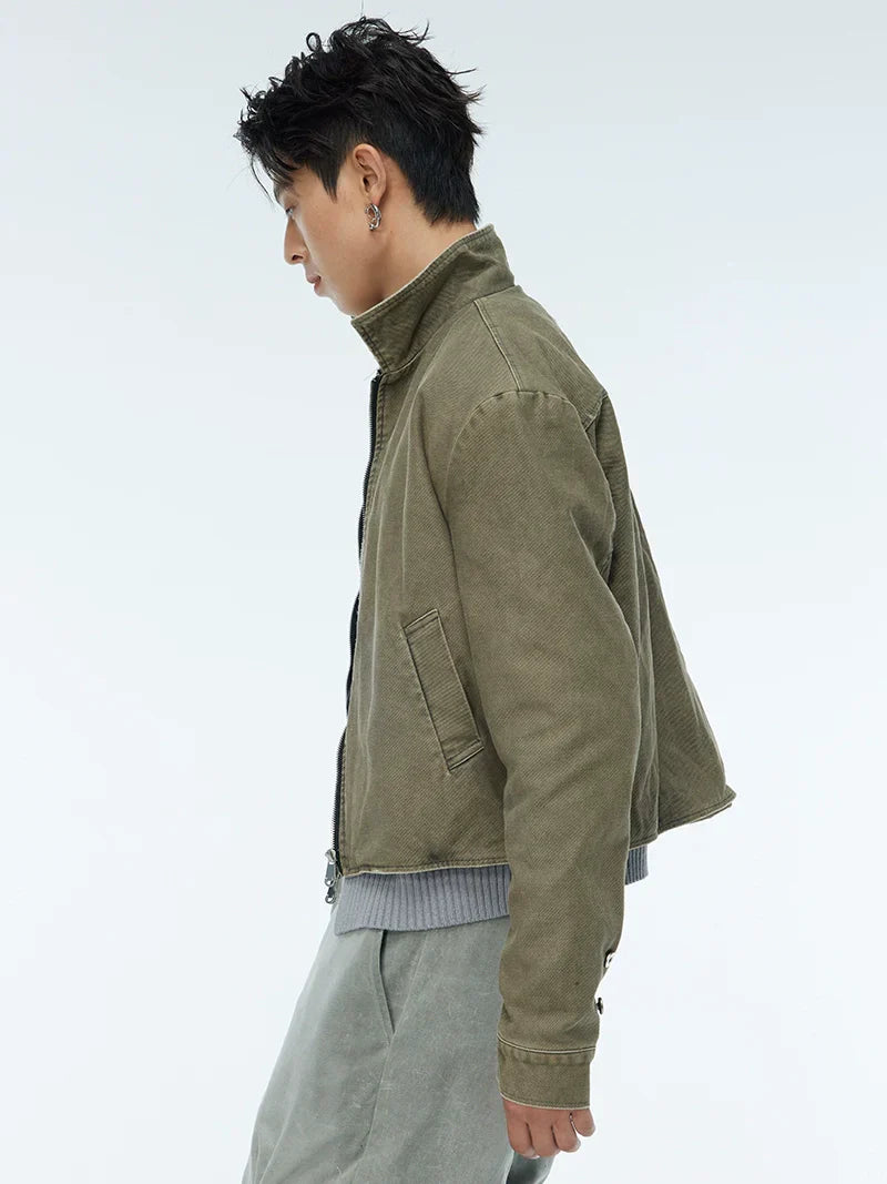 Washed Polo Collar Zipper Jacket