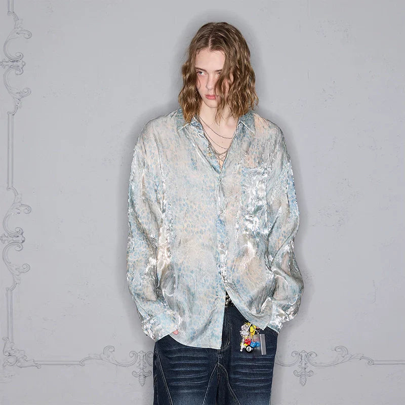 Glossy Wrinkle Texture Draped Leopard Print Long Sleeve Shirt