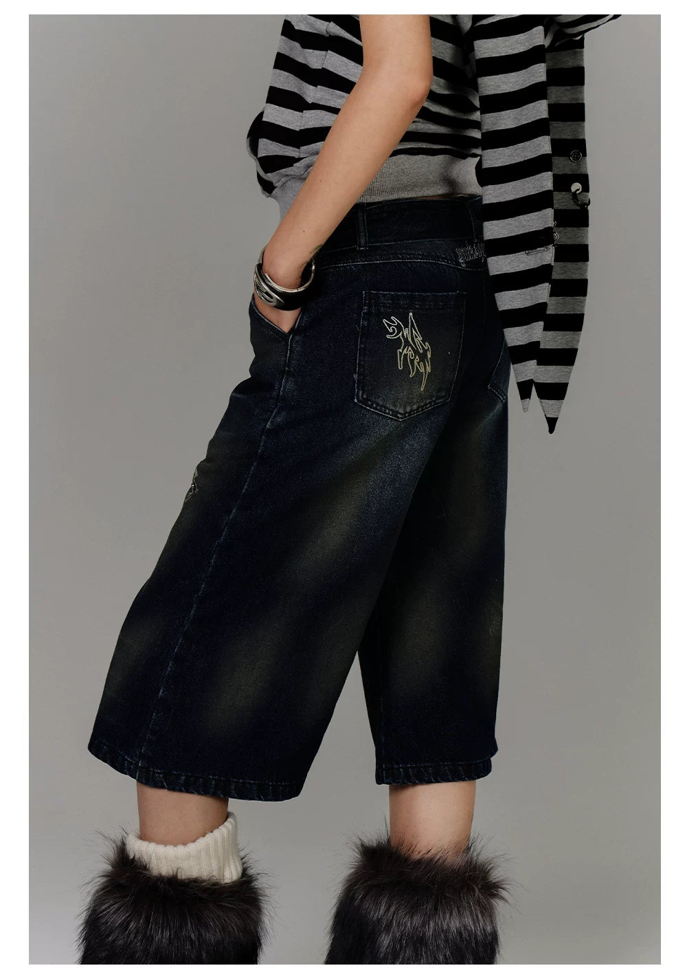 Washed Damage High-Waist Cropped Straight Denim Jeans