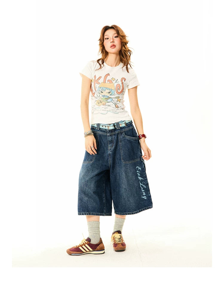 Wide-Leg Denim Shorts