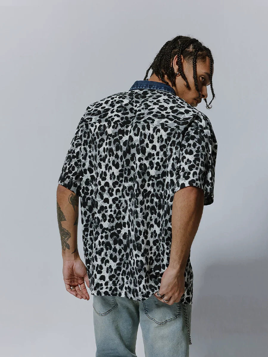 Leopard Print Spread-Collar Short Sleeve Shirt