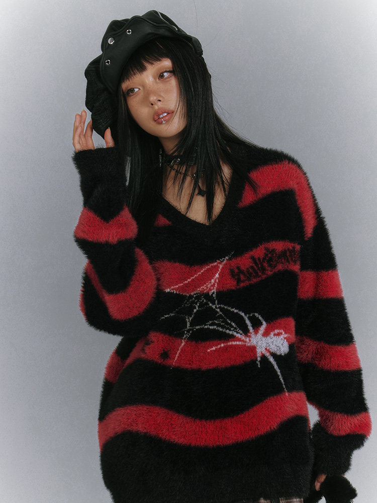 Mohair Spider Pattern Stripe Oversize V-Neck Knit Sweater