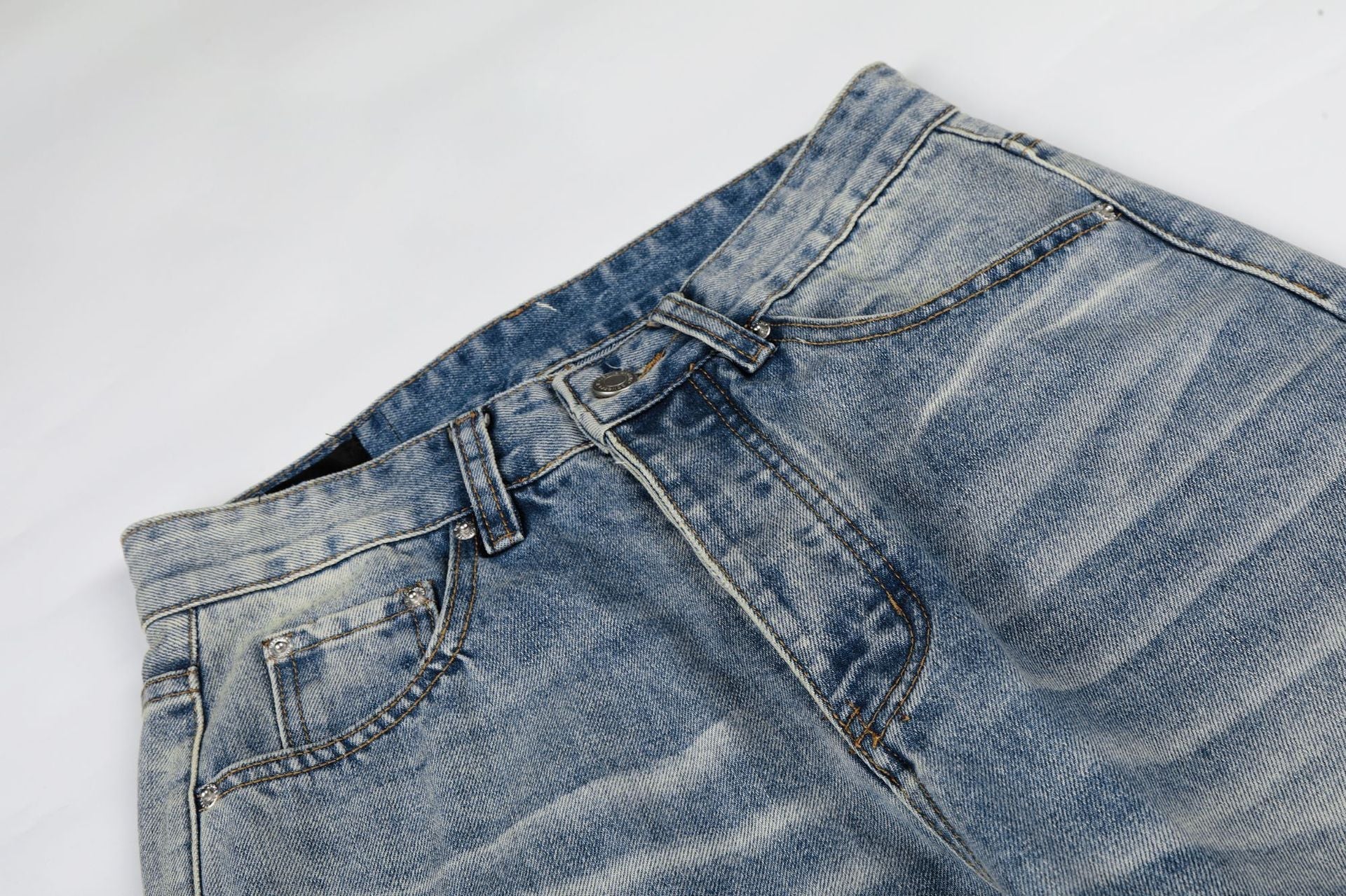 Washed Damage Whisker Wide Leg Denim Jeans