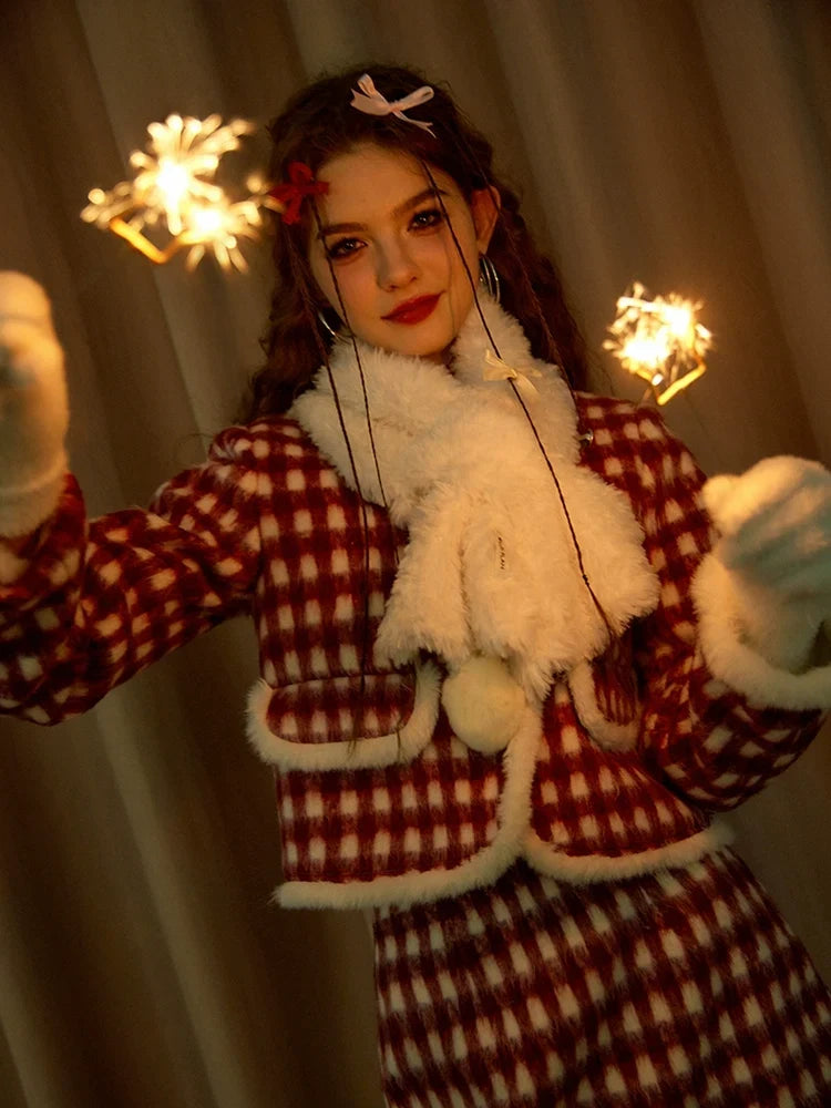 Christmas Plaid Tweed Jacket & Short Skirt Setup