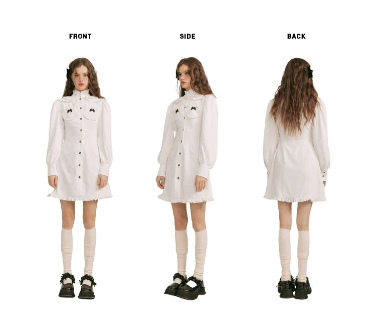 Double Neck Long Sleeve Shirt Dress