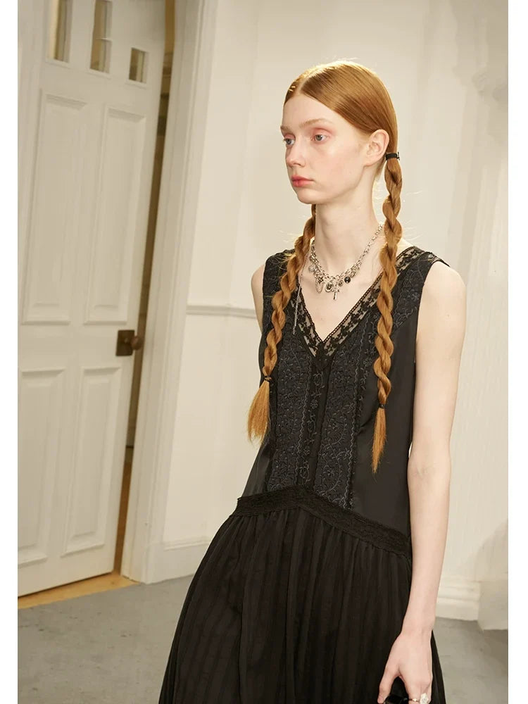 V-Neck Lace Stripe Splicing Sleeveless Long Dress