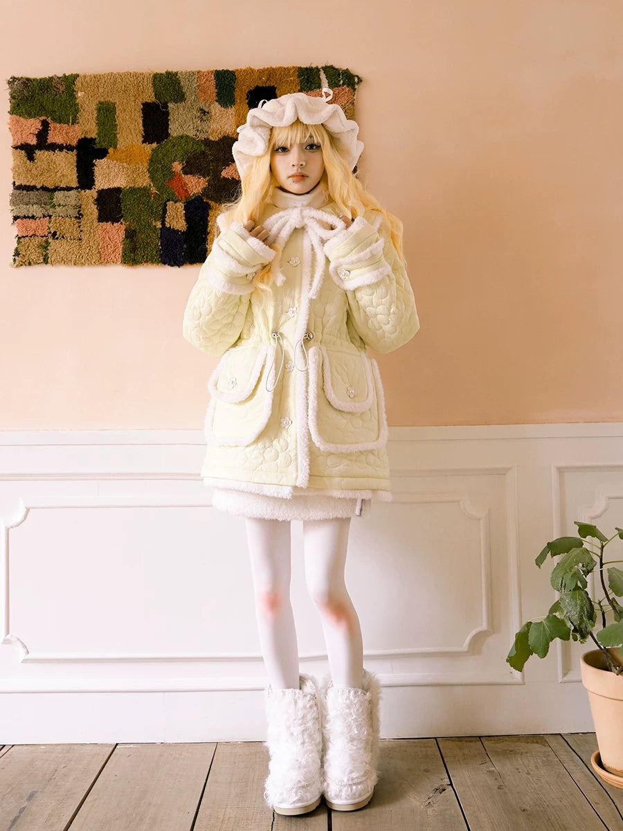 Flower Plush Bow Tie Puffer Jacket