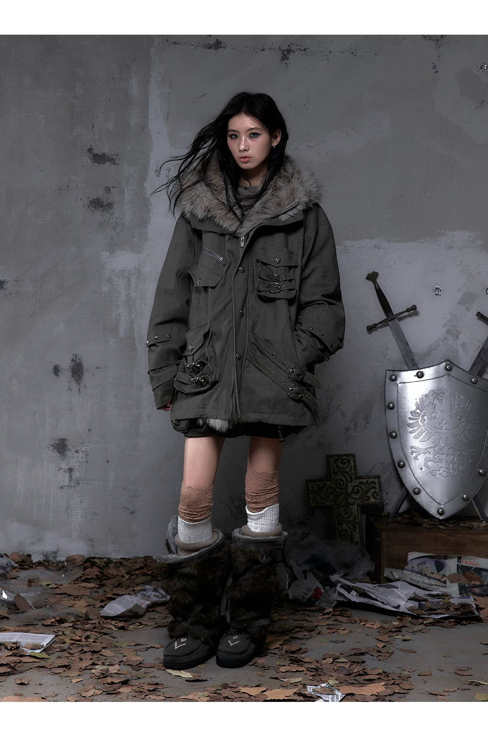 Fake Fur Hooded Multi-Pocket Buckle Detail Jacket