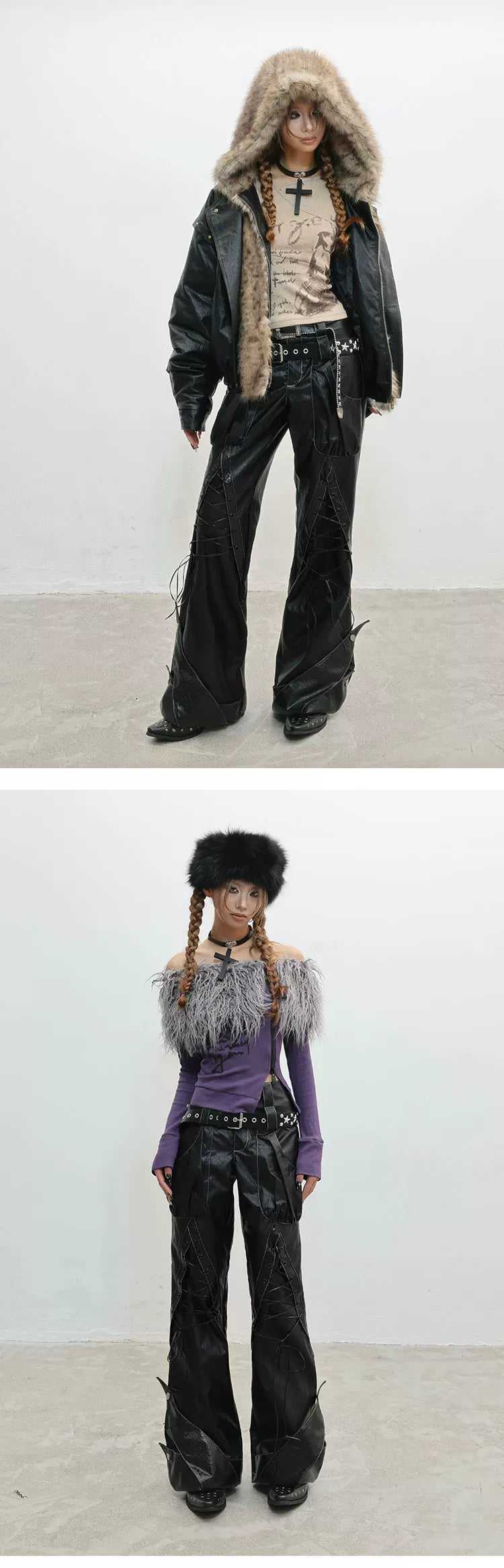 Original Design Lace-Up Double Waistband Structural PU Leather Pants