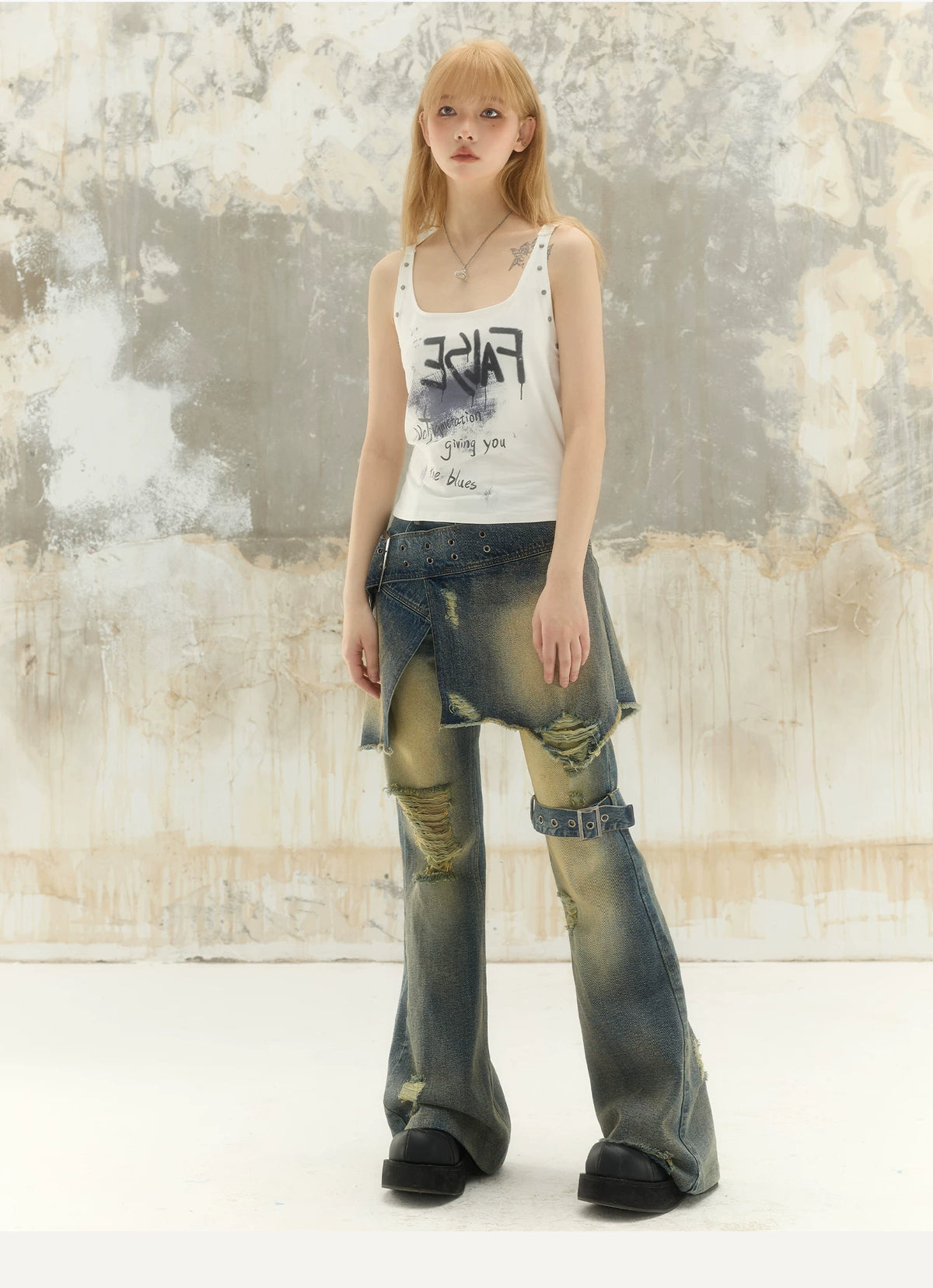 Washed Asymmetrical Adjustable Denim Short Skirt