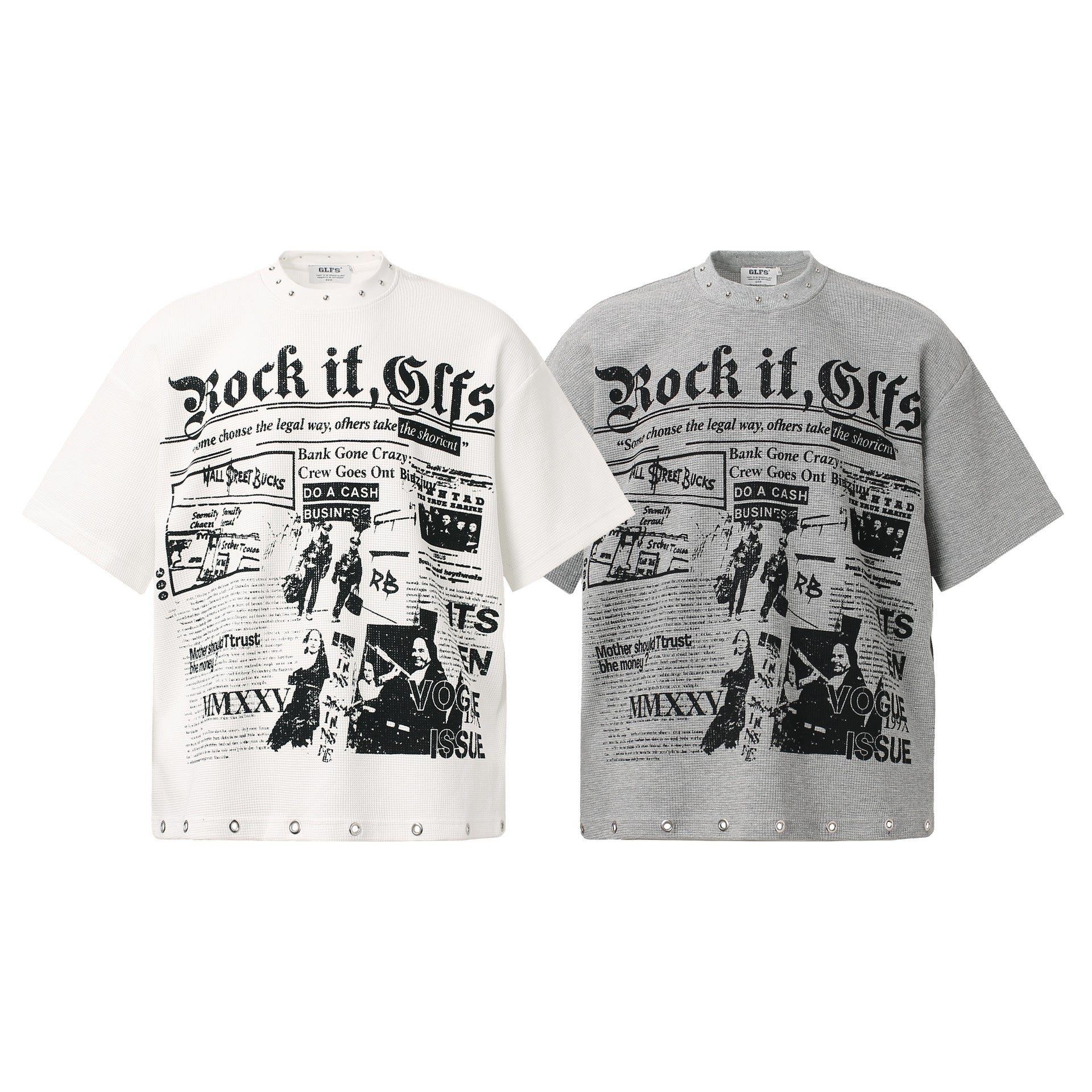 Waffle Newspaper Print Studs Short Sleeve T-Shirt