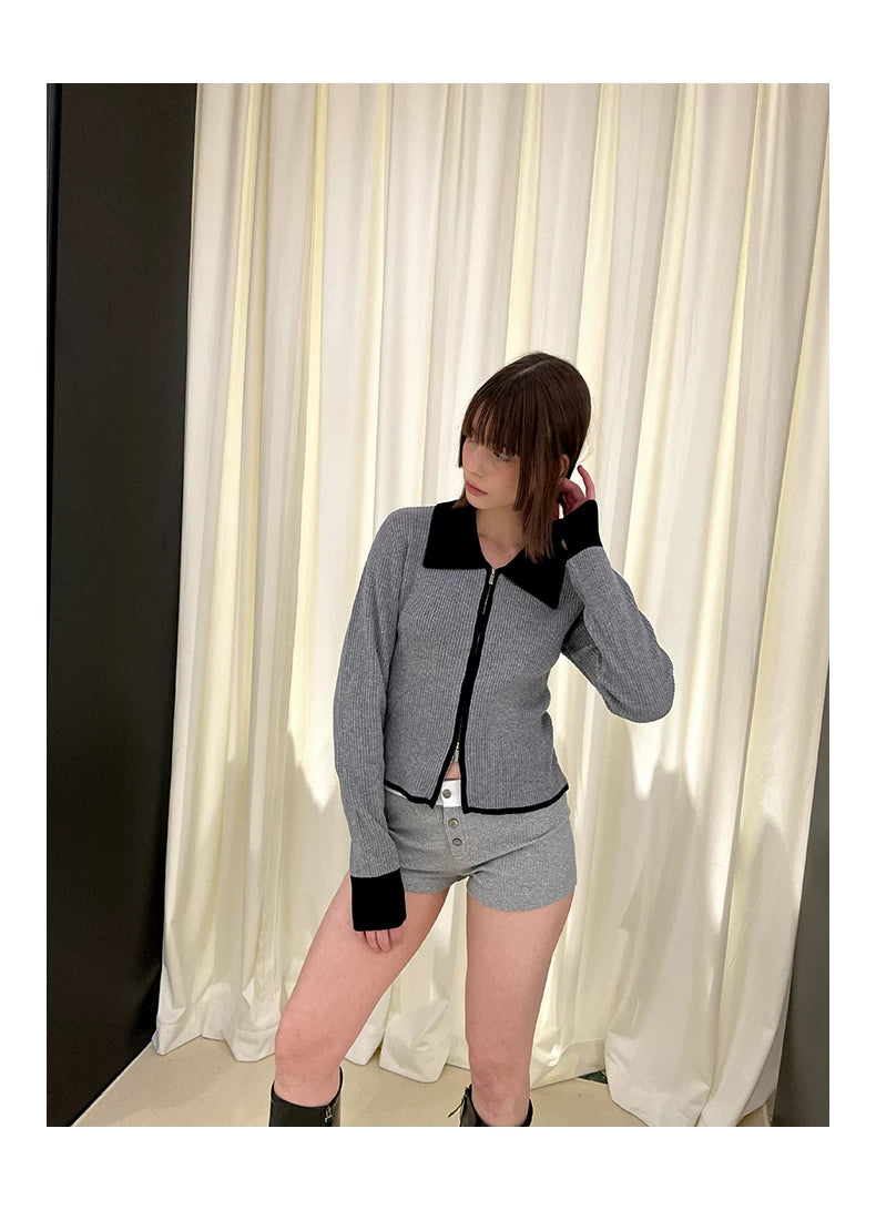 Polo Collar Zipper Knit Cardigan