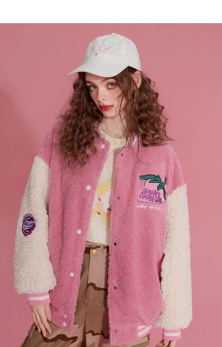 Colorblock Embroidery Fleece-Lined Baseball Jacket