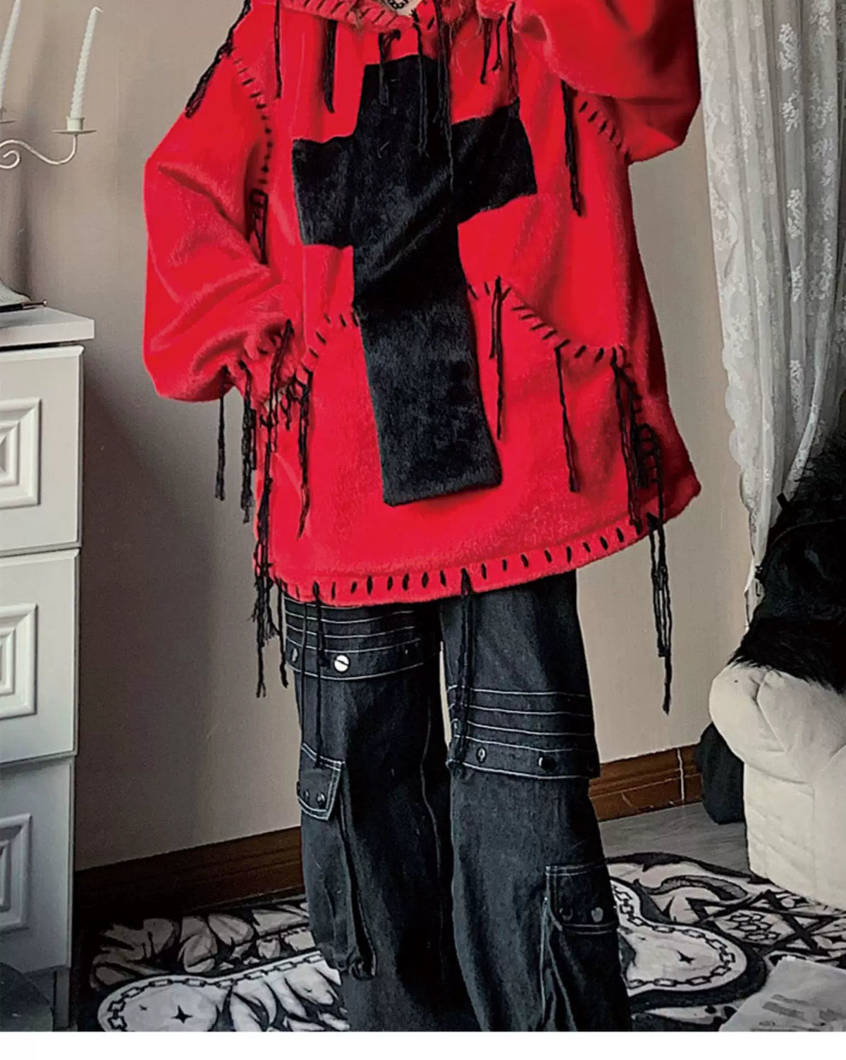 Fake Fur Hooded Cross Detail Hoodie