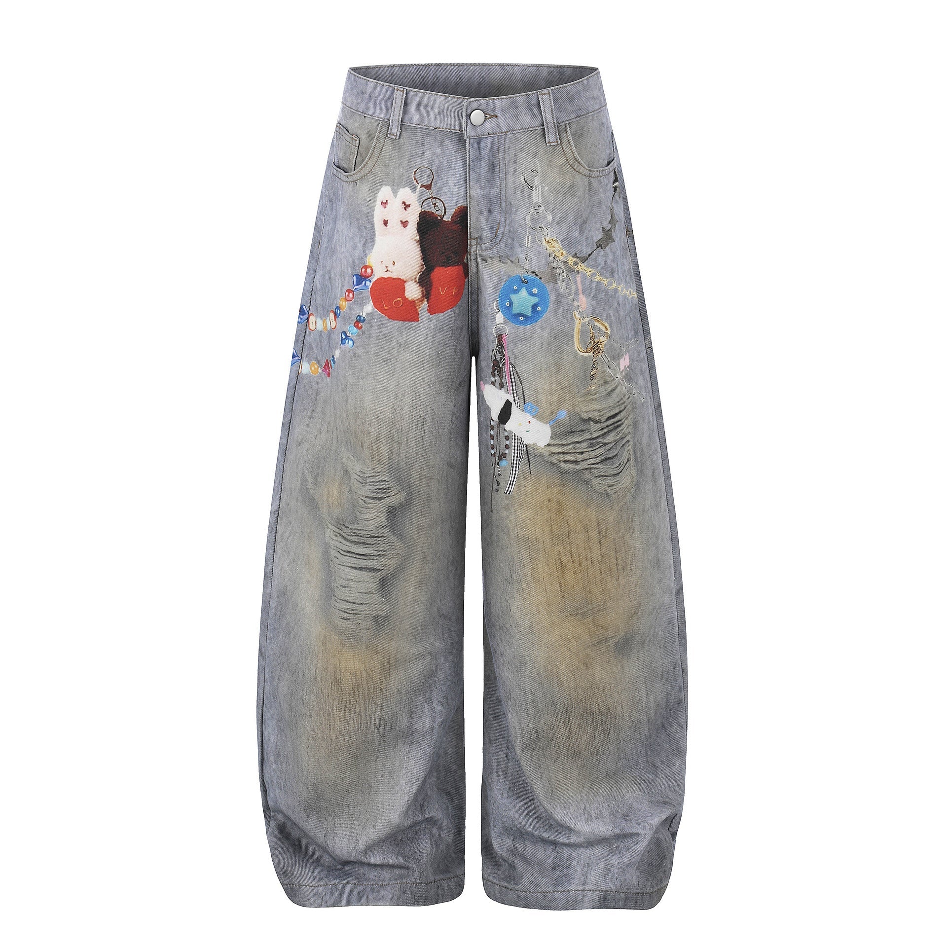 Washed Damage Embroidery Wide Leg Denim Jeans