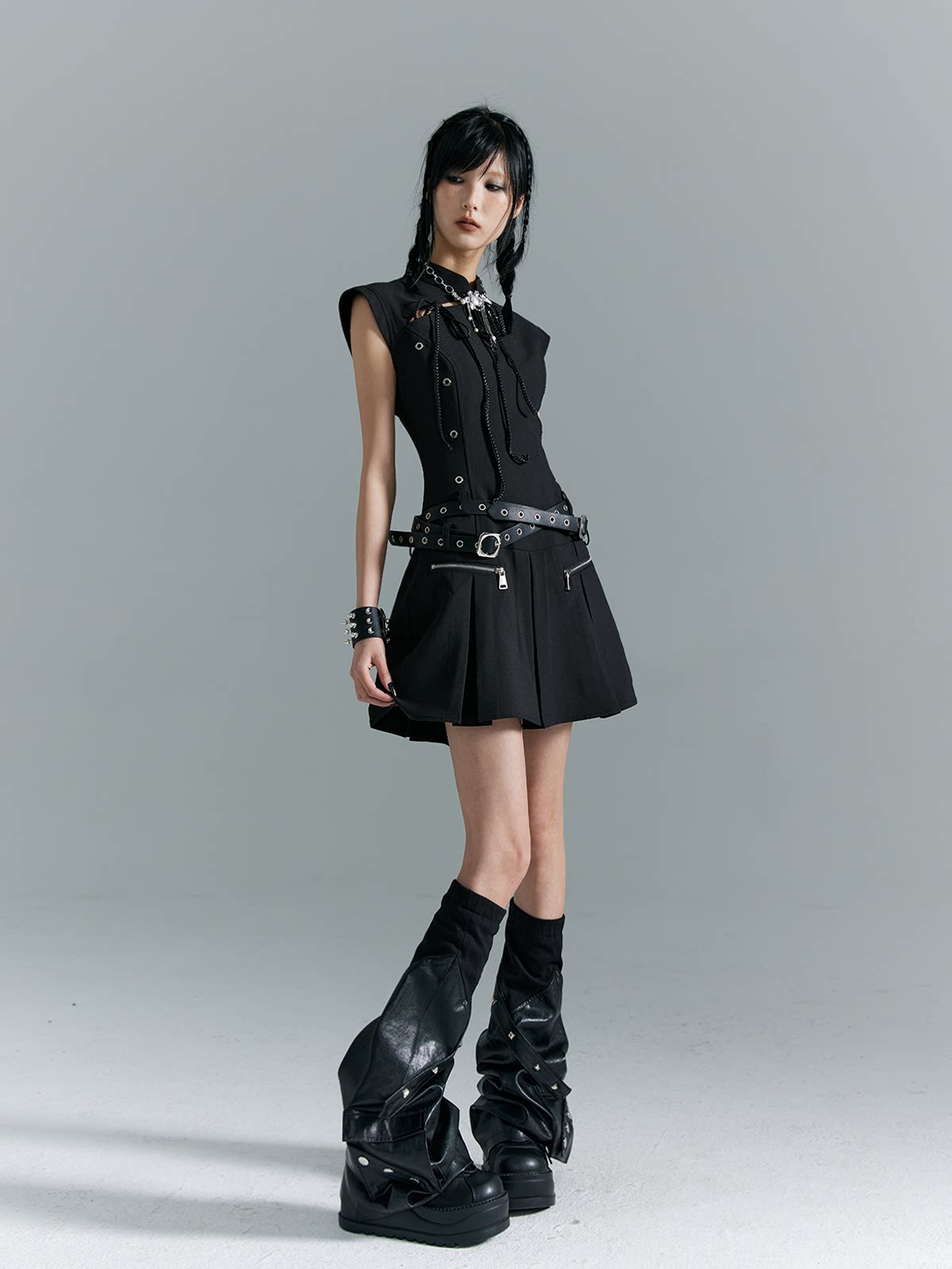 Cutout Pleats Qipao Sleeveless Dress With Belt