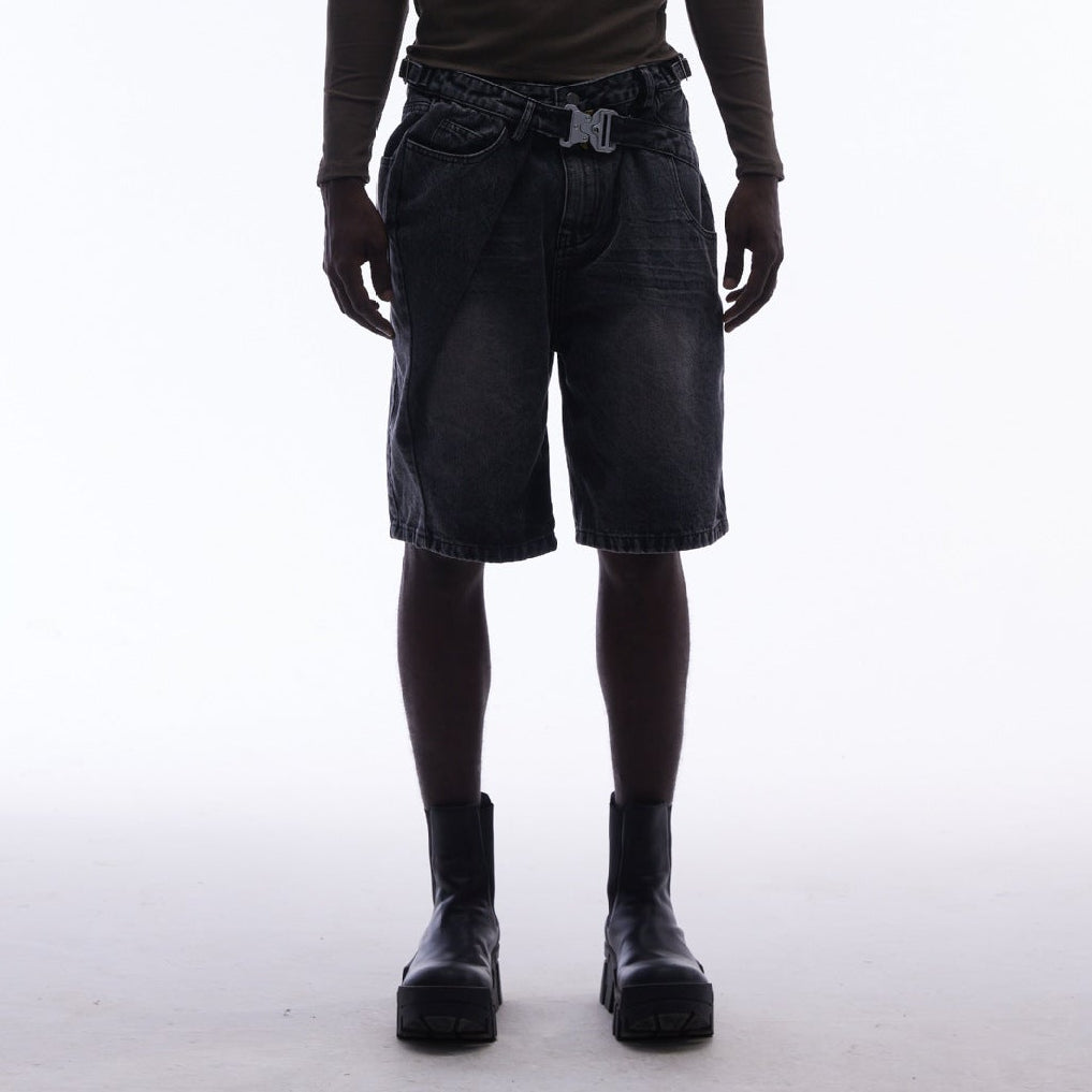 Washed Whisker Metal Buckle Denim Jort