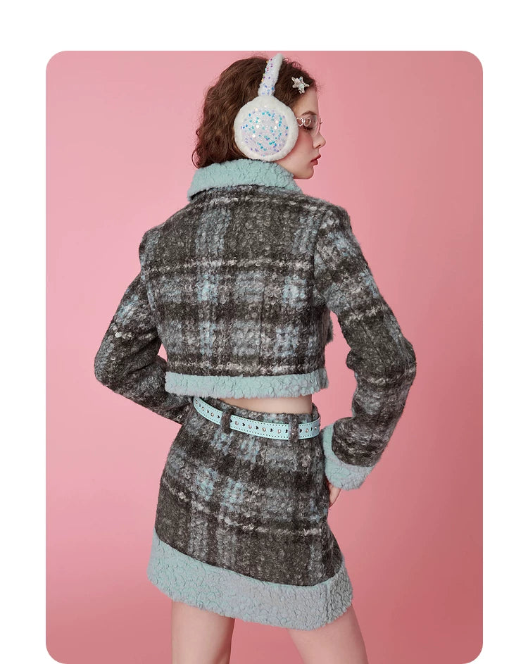 Fake Shearling Short Jacket & Pencil Skirt Setup