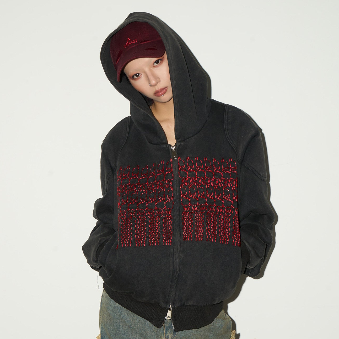 Embroidery Wash Damage Oversize Zipper Hoodie