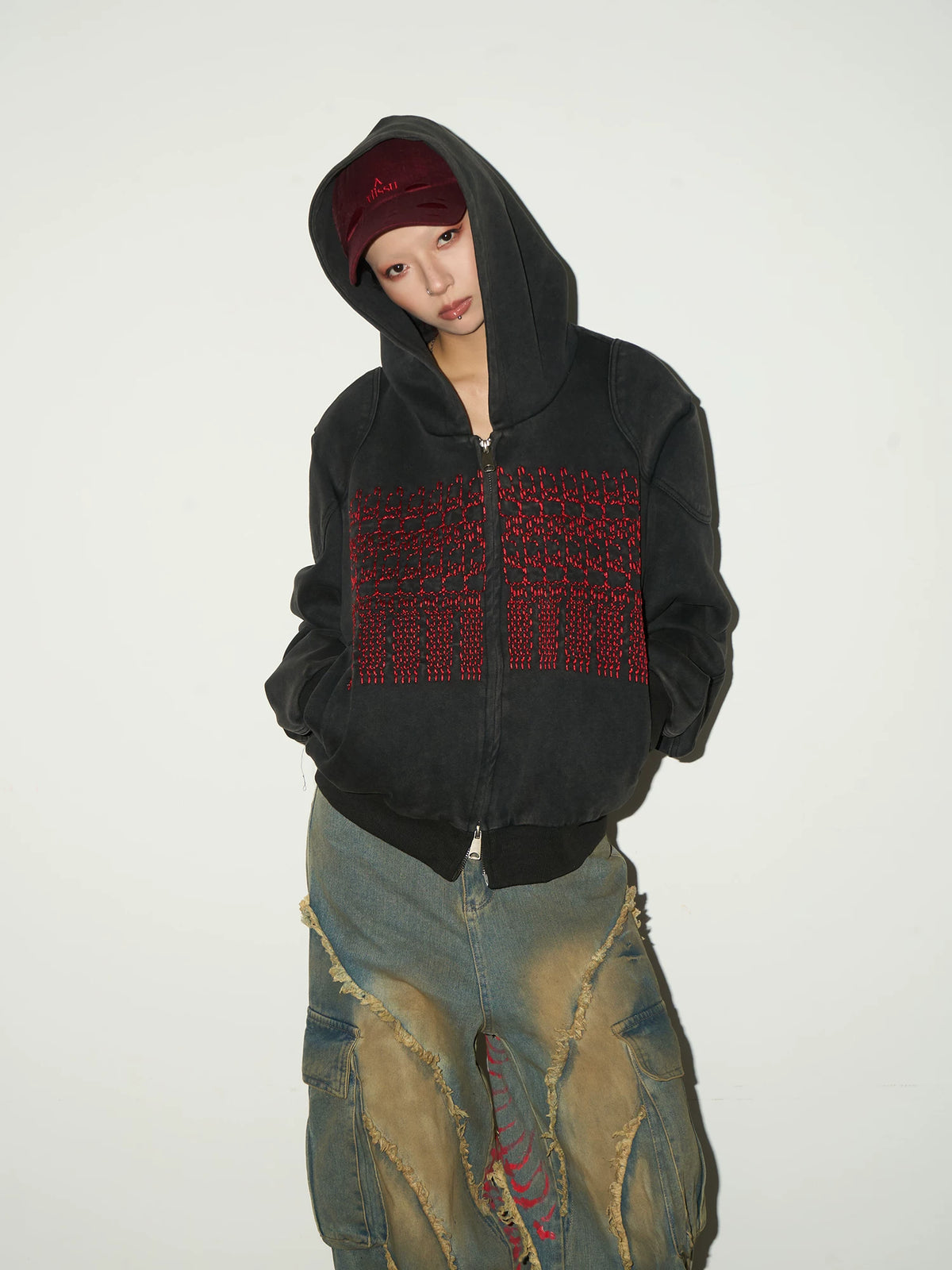 Embroidery Wash Damage Oversize Zipper Hoodie