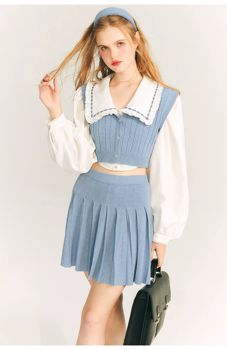 Button Knit Vest & Knit Pleated Skirt Setup