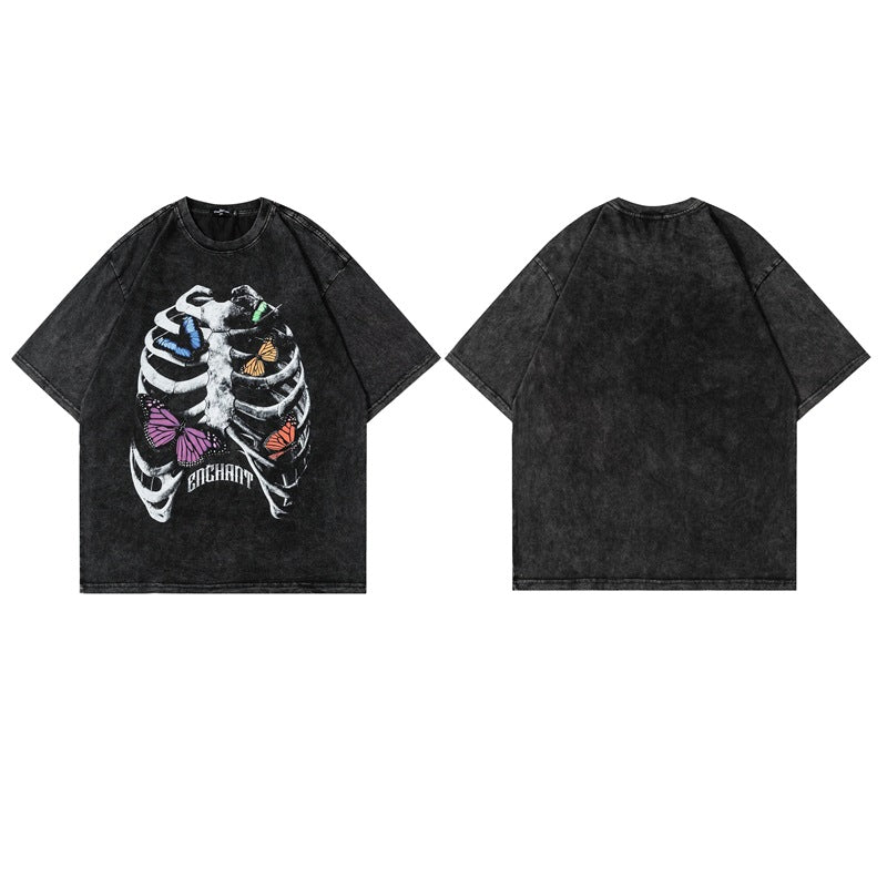 Washed Skeleton Butterfly Print Short Sleeve T-Shirt