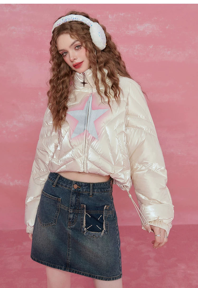 Star-Stitch Stand Neck Short White Duck Down Jacket