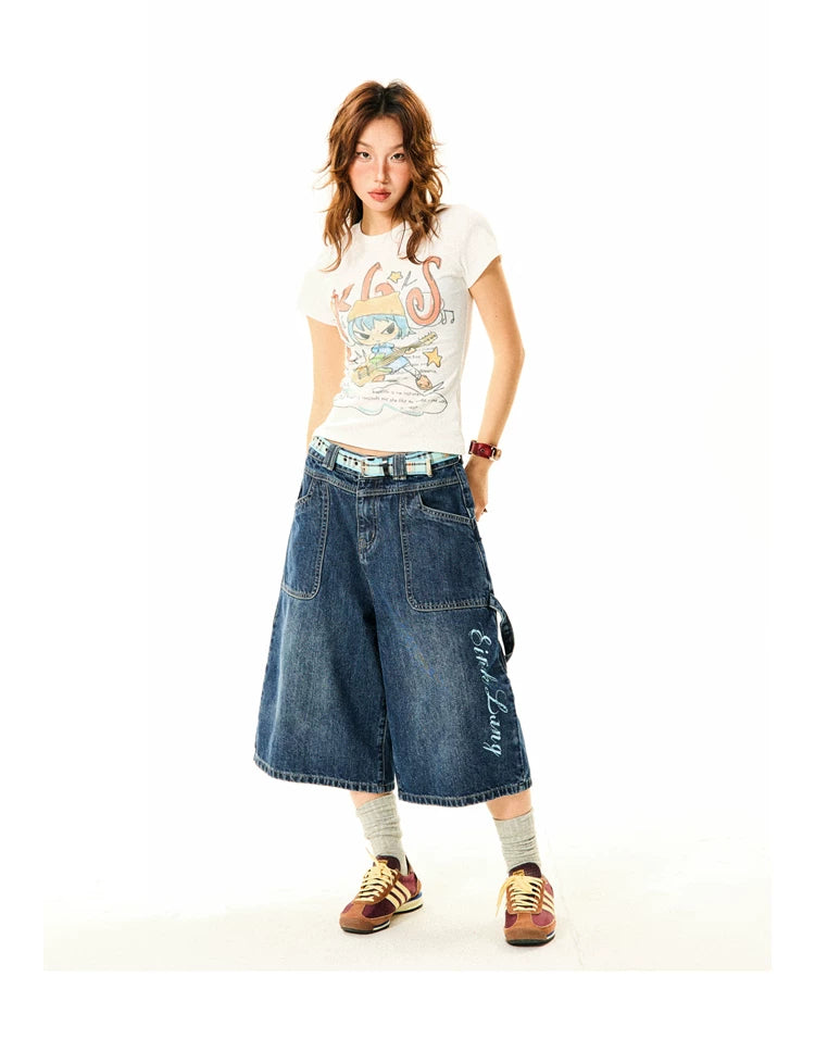 Wide-Leg Denim Shorts