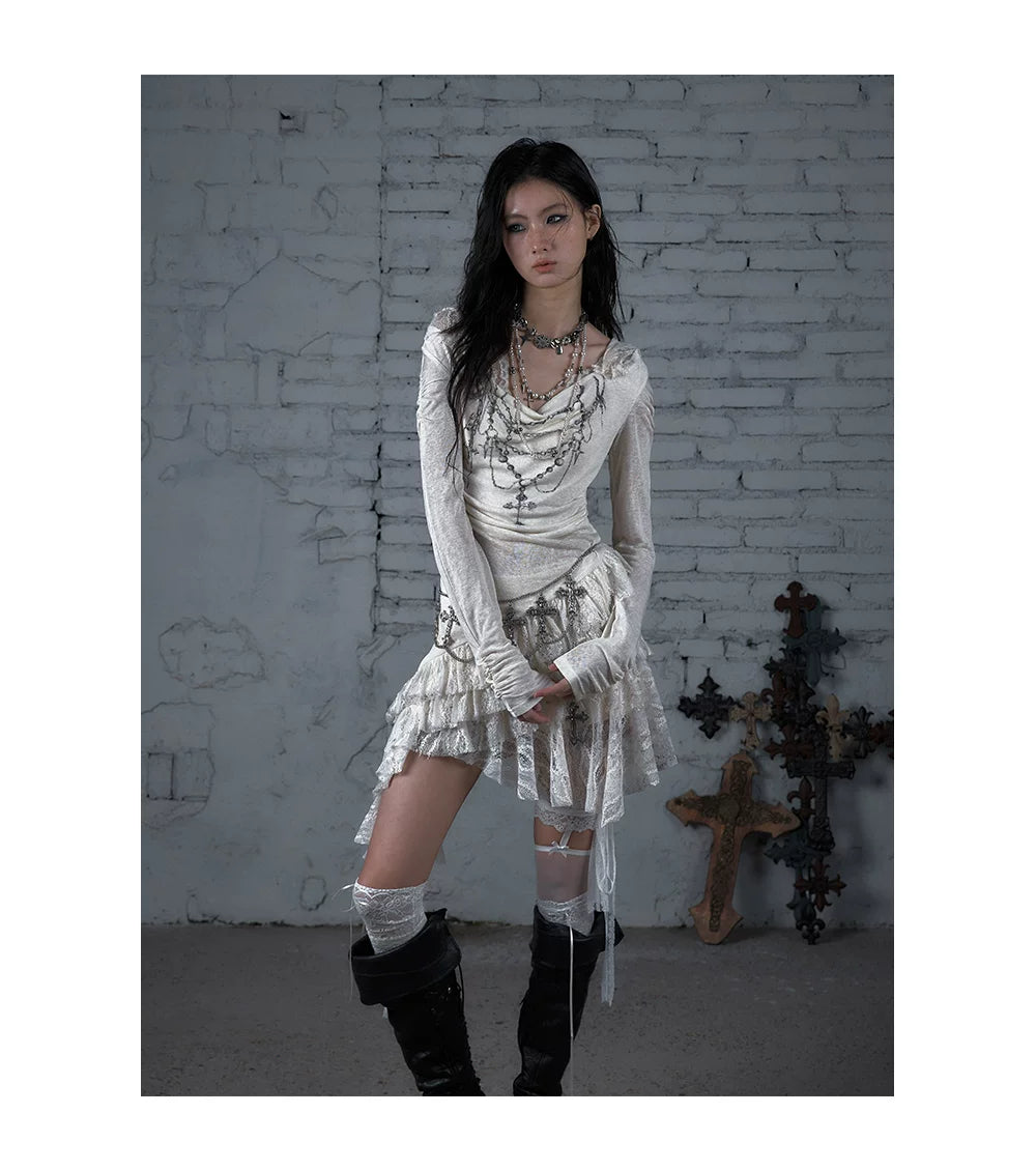 Lace Hooded Asymmetric Ruffle Dress