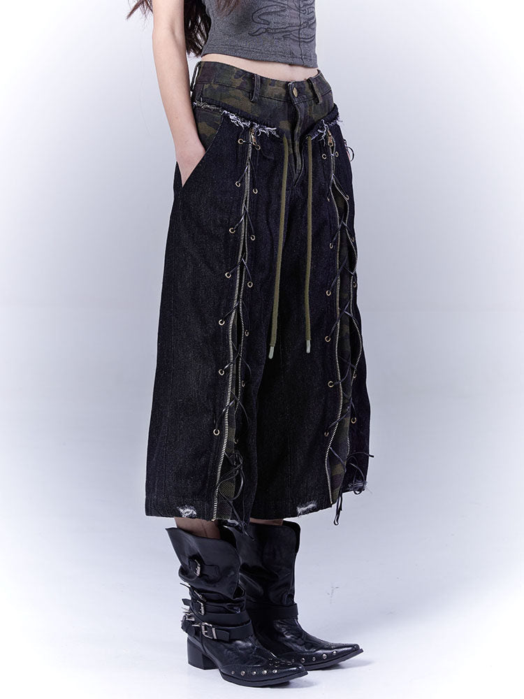 Camouflage Lace-Up Damage Cropped Denim Jeans & Scarf Set