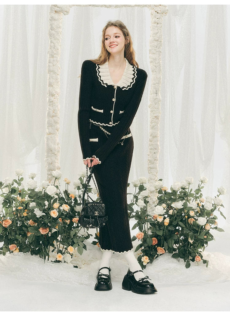 Ensemble cardigan en tricot à grand col et jupe moulante