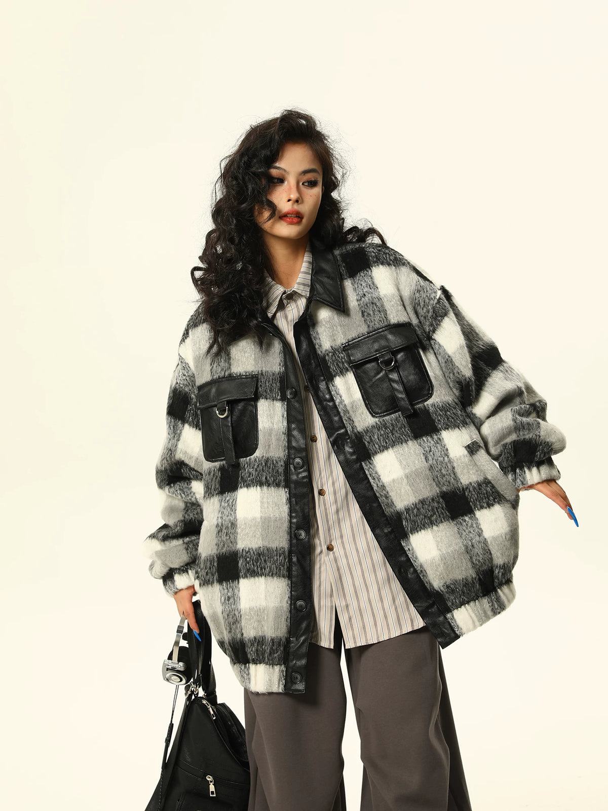 PU Leather Mix Woolen Plaid Jacket
