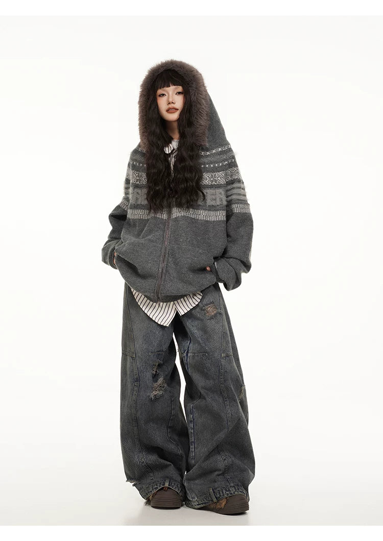 Fair Isle Hooded Detachable Fur Collar Knit Cardigan