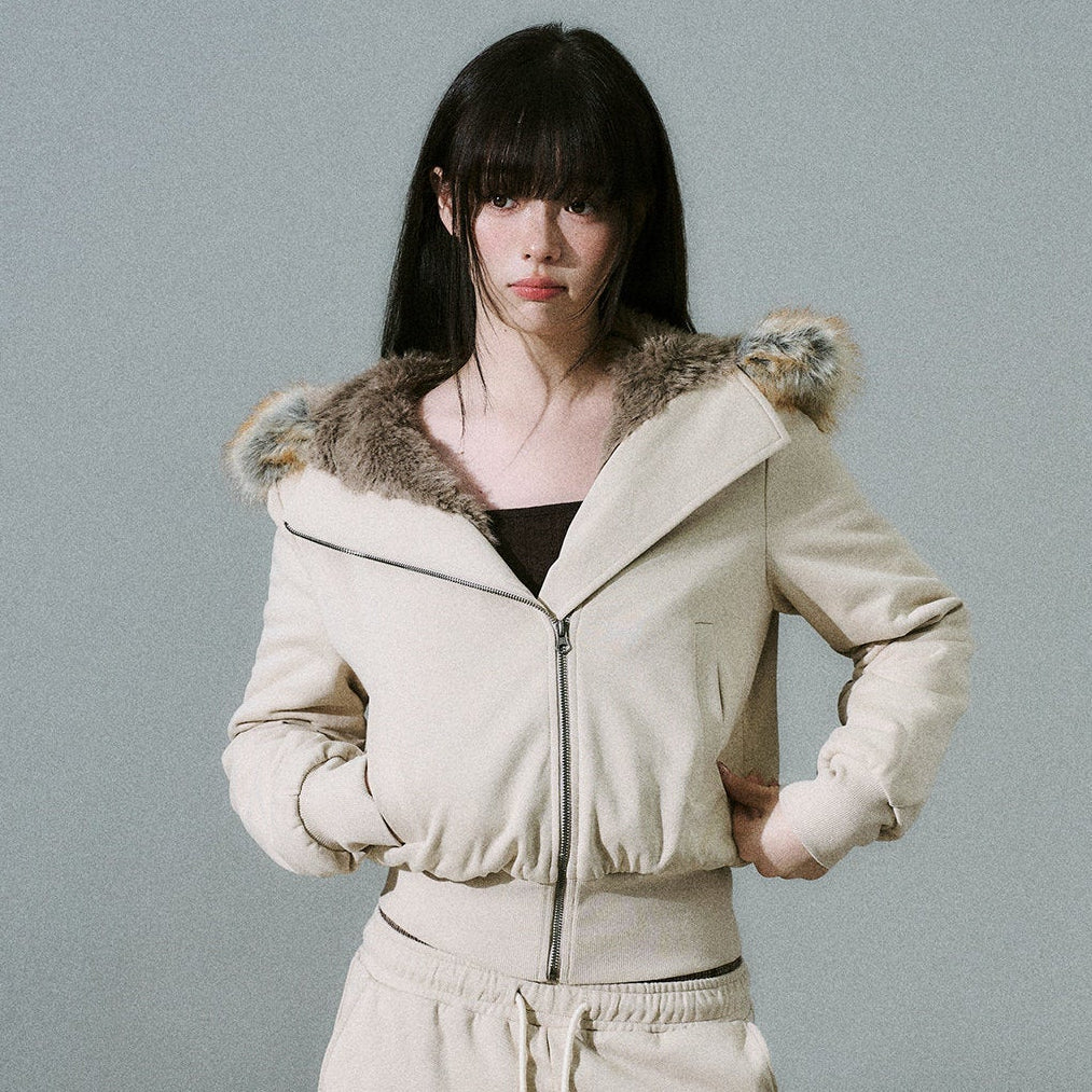 Fake Fur Hooded Zip-Up Jacket & Seatpants Setup