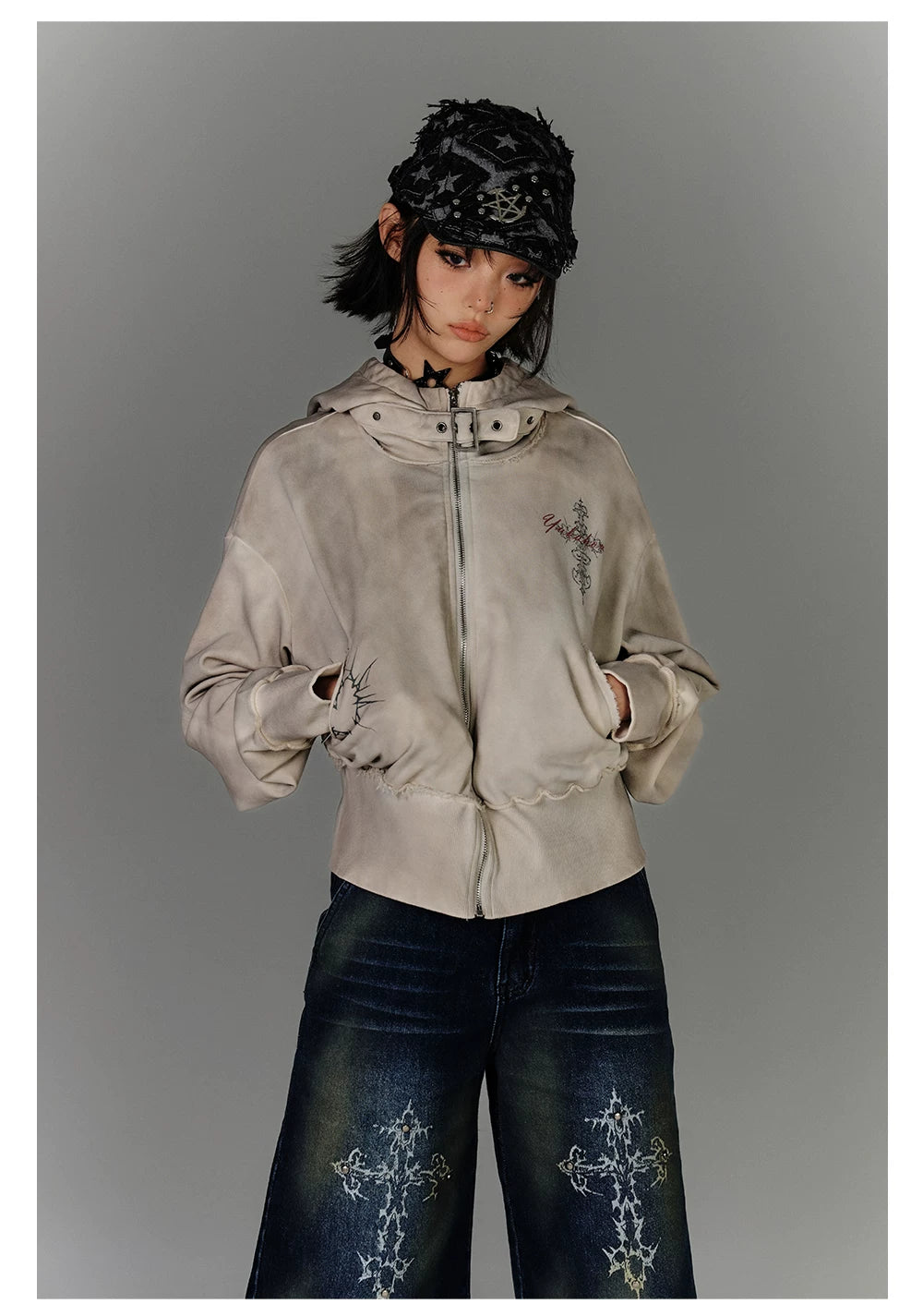Washed Damage Oversize Zipper Hoodie