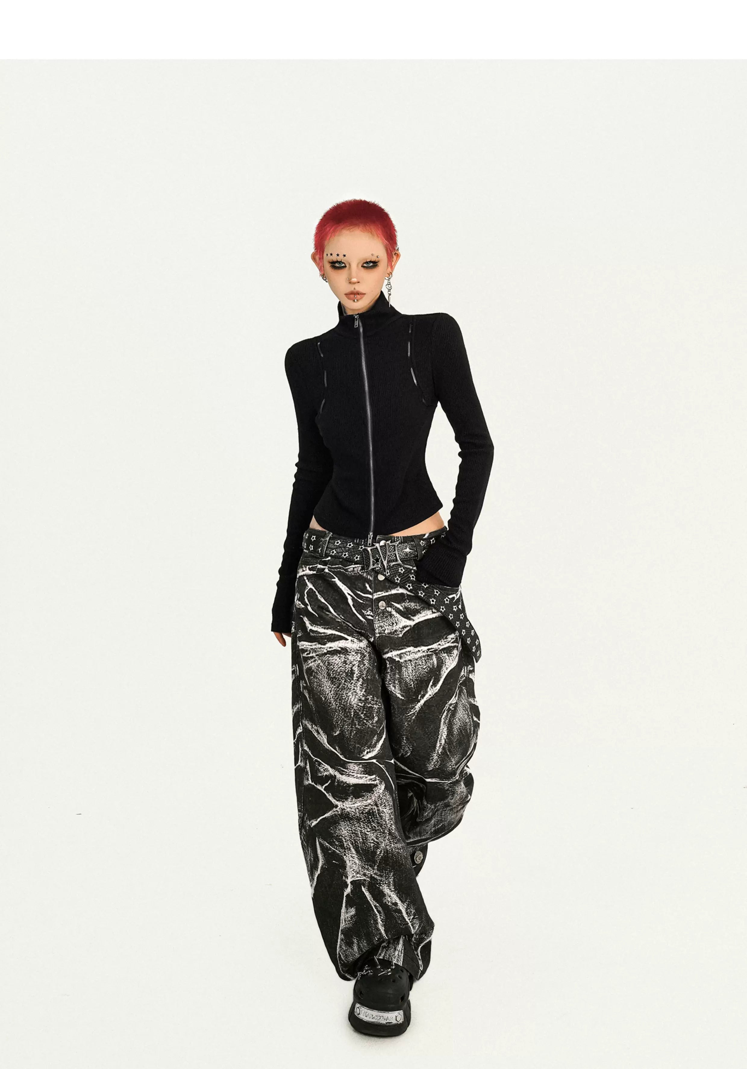 Ripple Pattern Design Wide Leg Denim Jeans
