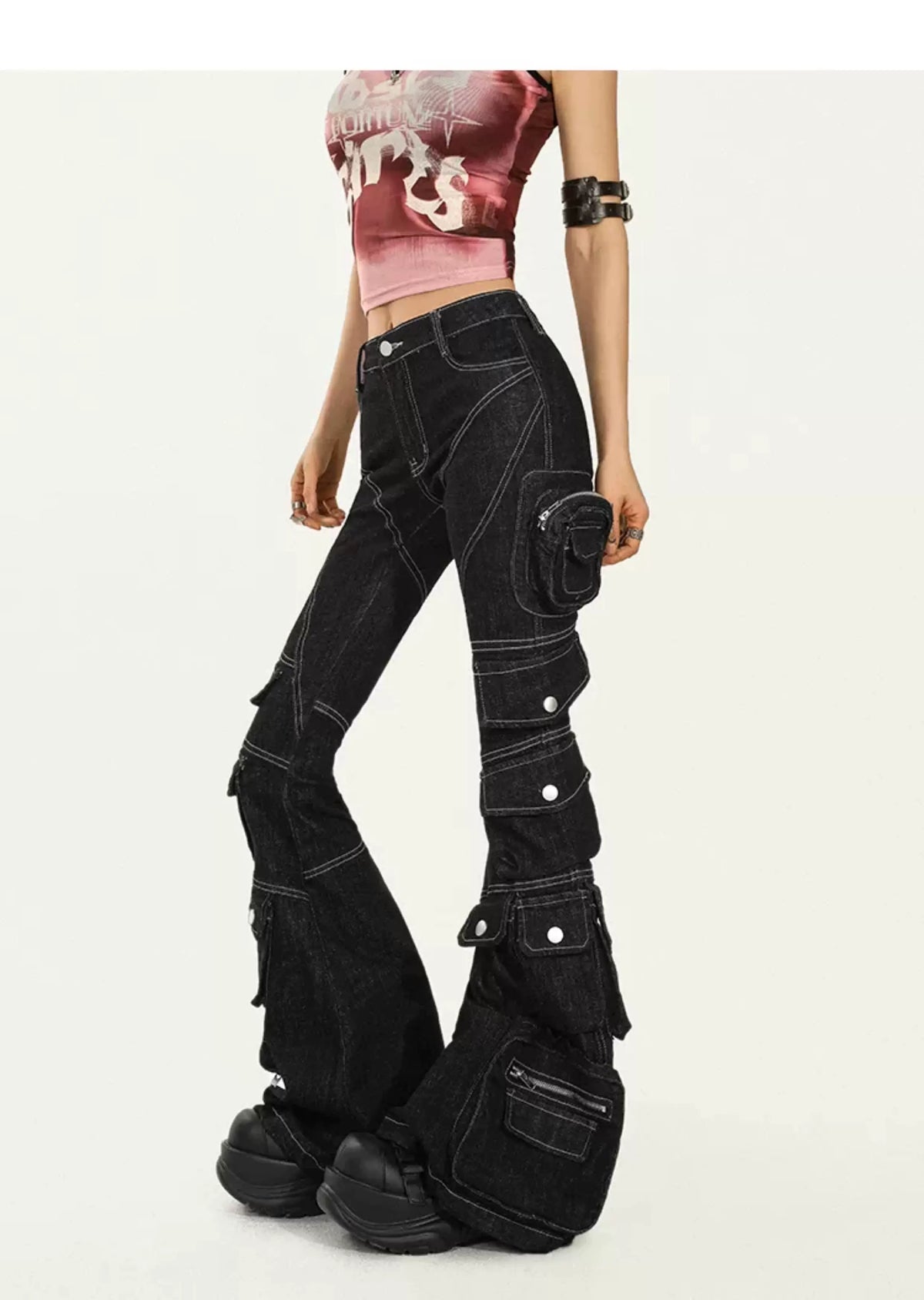 Utility Multi-Pocket Flare Cargo Denim Jeans