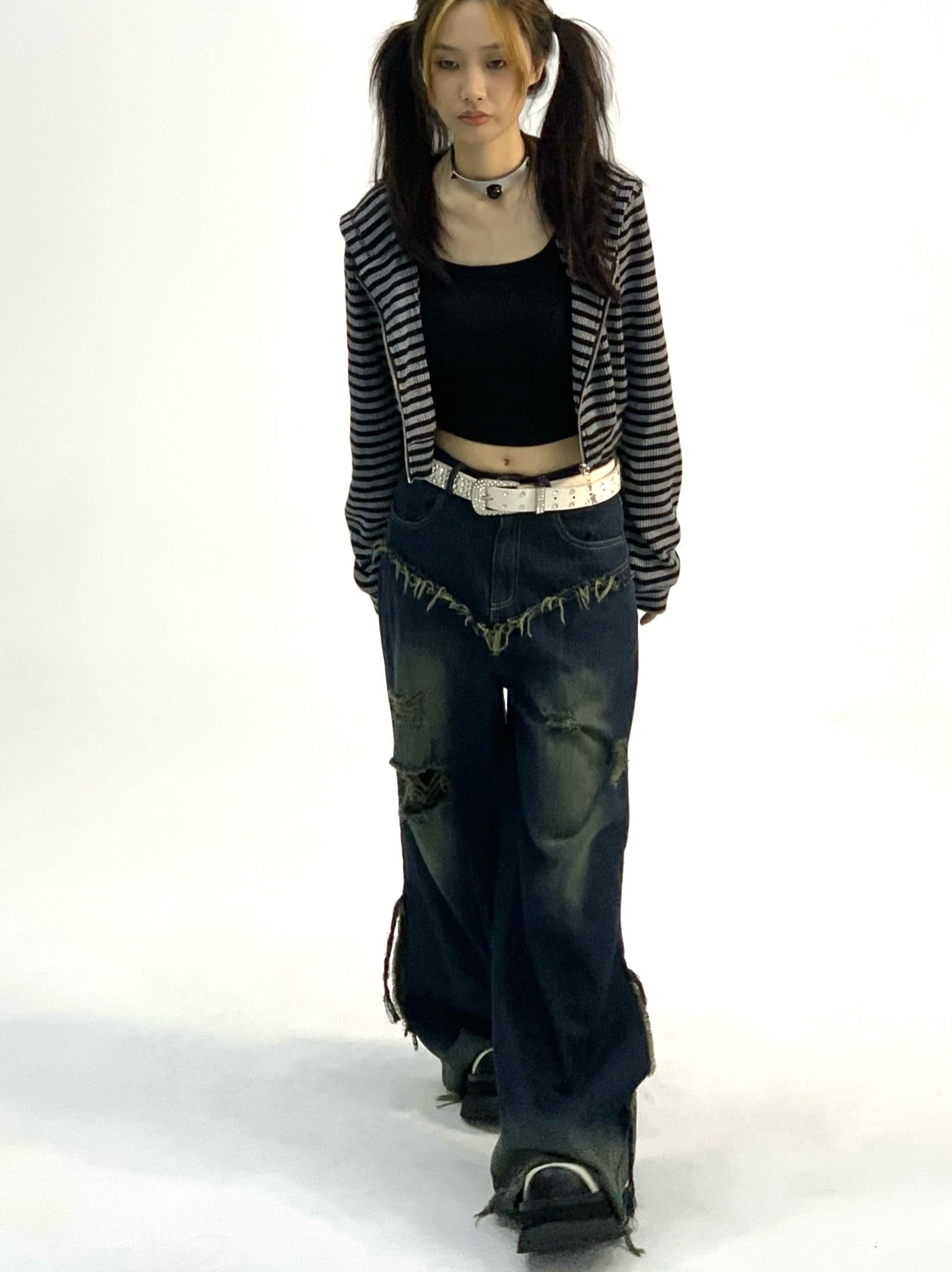 Washed Damage Fray Panel Wide Leg Denim Jeans