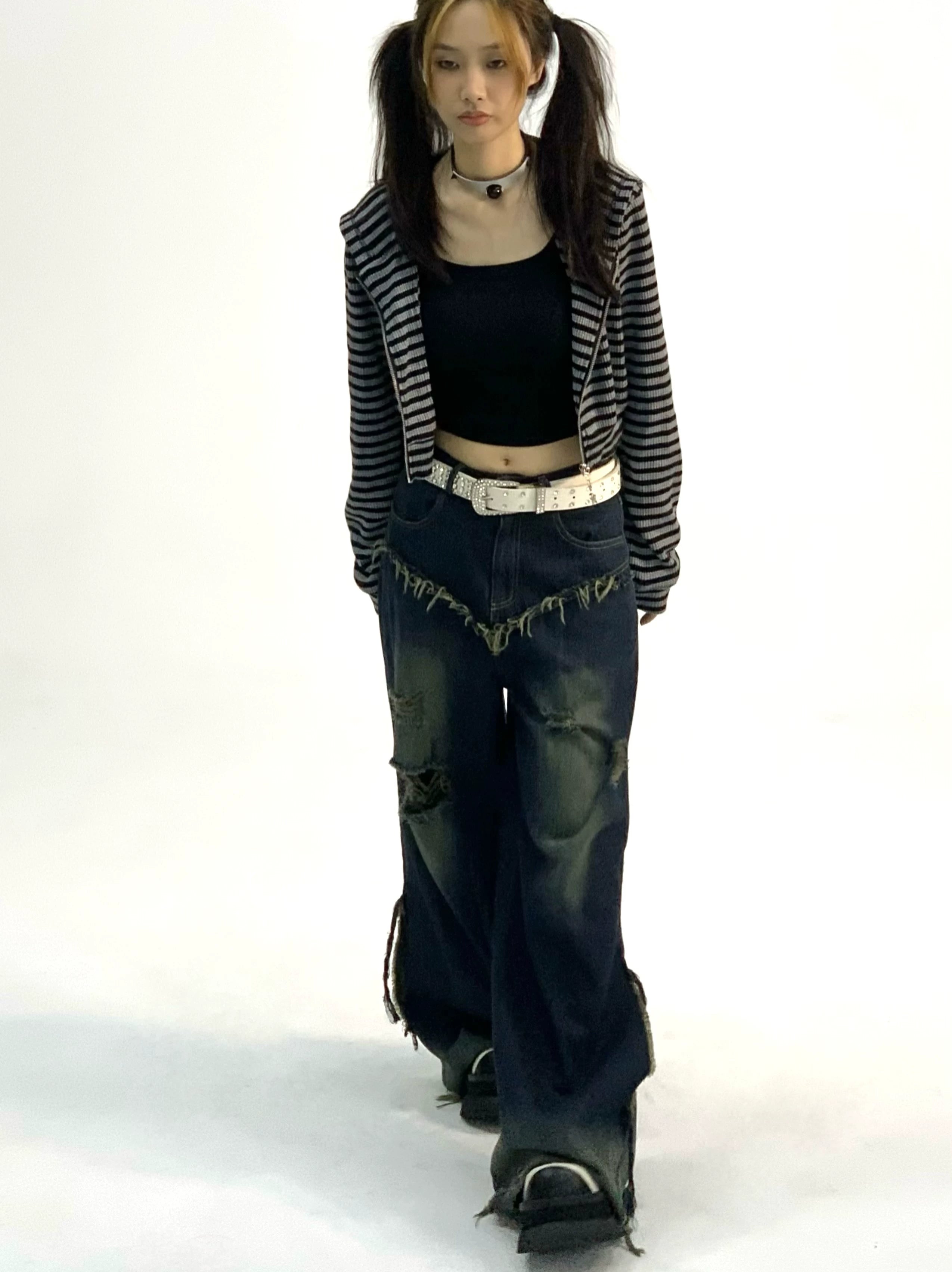 Washed Damage Fray Panel Wide Leg Denim Jeans