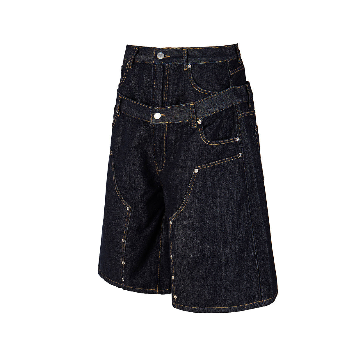 Fake Layered Double-Waist Wide Leg Denim Short Pants