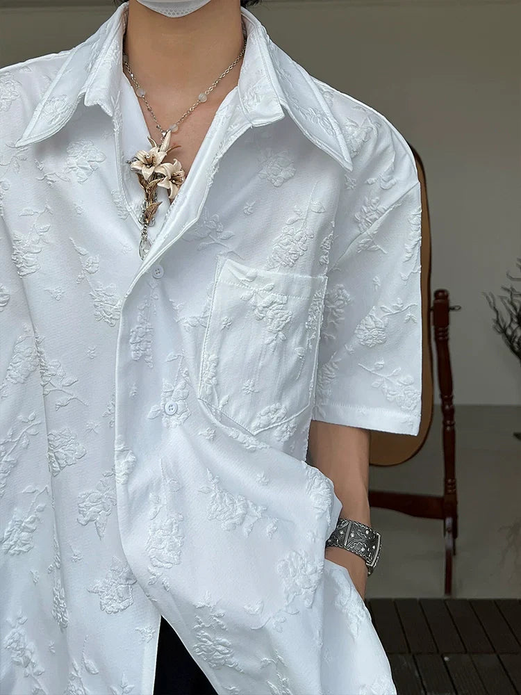 Embroidery Floral Two-Button Jacquard Short Sleeve Shirt
